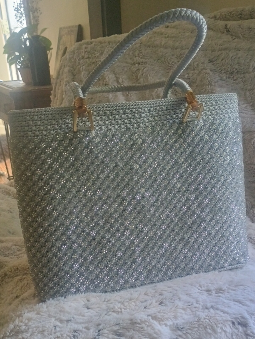 Sparkle Silver Woven Tote Bag - Picture 1 of 5
